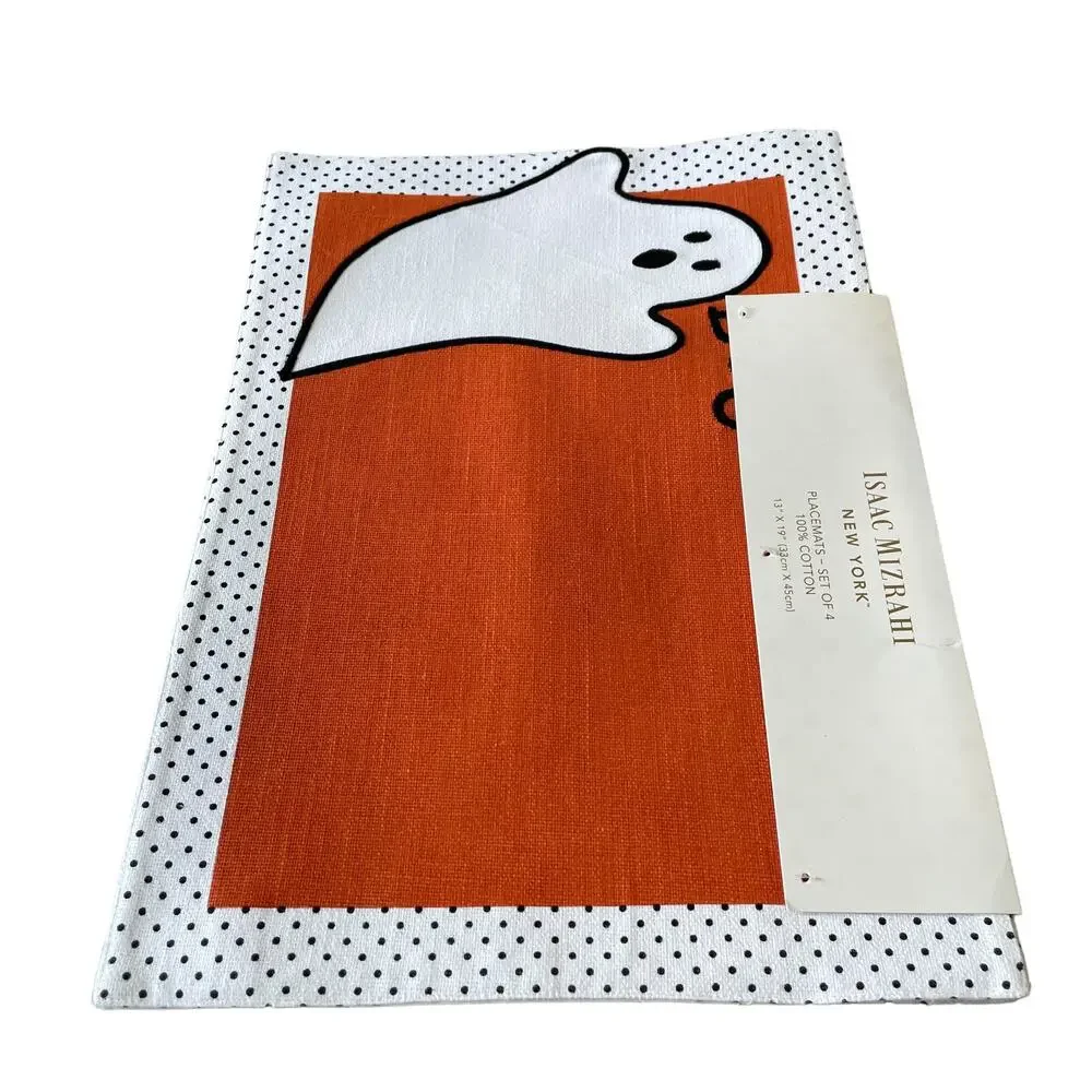 ISAAC MIZRAHI Halloween Ghost Placemats 13x19 Cotton White Orange Set of 4 New